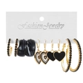 Set of 6 gold and black alloy earrings featuring geometric hoops and heart charms - 6 Pairs Set / Black & Gold