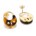 Golden stainless steel lock earrings with tortoise shell resin inlay and stud backing - Tortoise Lock Gold (KE60939-K)