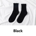 Japanese style black cotton crew socks with frilly lettuce trim edges for women - One Size / Black