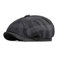 Vintage dark grey plaid corduroy newsboy cap with classic eight-panel crown design - One Size / Black