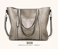 Fashion grey large capacity soft leather tote bag with U-shaped stitching and strap - Gray