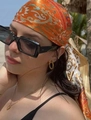 Orange square silk scarf with gold patterns worn as a headscarf in sunny outdoors - 90*90cm / Blue White Orange