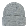 Close-up of gray ribbed knit beanie showing thick texture and folded cuff detail - Light Heather Grey