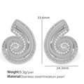Silver stainless steel spiral snail shell earrings with white imitation pearls - Large Silver White Pearl (EH817WES)