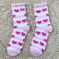 Plush pink and white striped coral fleece socks with heart patterns for winter warmth - One Size / Pink and White Heart