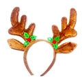 Brown reindeer antler headband with green holly leaves and red berries for Christmas - Brown Antler with Holly