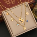 Collana a doppio strato dorata in acciaio inossidabile con quadrifogli e ciondoli malocchio - Quadrifoglio Occhio del Diavolo Stile (1#)