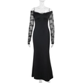 Detail of elegant black off-shoulder dress featuring intricate lace sleeves and slim fit - S / Black