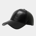 Detail of black faux leather baseball cap showing refined texture and curved brim - Adjustable / Black