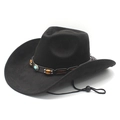 Western black faux suede cowboy hat with turquoise stone and windproof rope detail - M (56-58cm) / Black