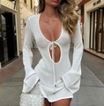 Detailed macro view of white crochet lace fabric with v-neck and drawstring design - S / White