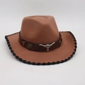 Chapeau de cowboy marron en feutre avec ornement métallique tête de taureau - Taille unique / Khaki Bord Noir (Tête de Taureau Marron)