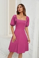 Detailed close-up of rose red puff sleeves and woven fabric texture on square neck dress - S / Rose Pink