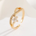 18K gold-plated adjustable ring featuring a marquise zircon flower and side pave diamonds - 18K Gold Plated Delicate Five-Petal Flower Ring