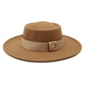 Detail of camel wool felt boater hat with a satin ribbon and golden bee metallic ornament - M (56-58cm) / Khaki