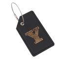 Black leather luggage tag featuring a gold glitter letter Y and steel cable loop - Letter Y
