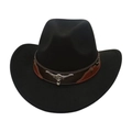 Detail of black felt cowboy hat featuring brown leather band and silver steer head ornament - Black (Bull Head Buckle)