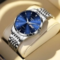 Men's silver quartz watch with a blue sunray dial and day-date display features - Silver Blue Dial / Quartz