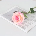 Single artificial velvet rose in gradient pink and cream colors with green leaves - Round Silk Champagne Pink