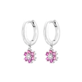 Detailed view of silver flower earrings with pink cubic zirconia petals and clear stones - Silver-Pink Petal