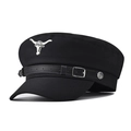 Classic black newsboy military hat with silver bull head emblem and chain detail - M (56-58cm) / Black