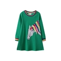 Green long-sleeve girl's dress with rainbow stripes and horse applique embroidery - 3T / Forest Green