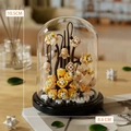 Yellow rose building block model in a clear glass dome with size labels 10.5cm and 8.6cm - 7240 Zen Space (Yellow Beige Flowers) / 240pcs/With Dust Cover