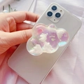 Detail of cloud-shaped holographic resin phone grip holder with pearlescent filling - Expanding Stand / Iridescent Cloud Style