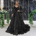 Black luxury evening gown featuring heavy beadwork and sequin embroidery on mesh - S / Dresses / Black