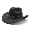 Classic black wool felt cowboy hat featuring leather band with silver star metal rivets - M(56-58cm) / Black