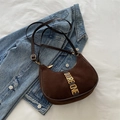 Minimalist dark brown suede hobo crescent bag with golden metal logo and zip closure - Brown