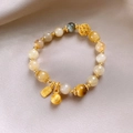 Handmade multi-color stone beaded bracelet with gold Fu charm and bell orchid accents - Style 27 Light Yellow Gold Natural Stone Fortune Charm Bracelet (Gift Box)
