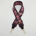 Detail of adjustable thick canvas strap with ethnic embroidery and gold metal lobster clips - Rose Red + Black Leather + Gold Hook