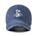 Blue washed denim baseball cap with I'M BROKEN text print and curved brim on white background - One Size / Navy Blue