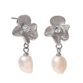 Silver flower stud earring with white baroque pearl drop and sparkling zircon center - Silver