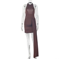 Detail view of coffee brown bodycon dress with side ribbon ties and ribbed fabric texture - S / Dark Brown