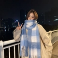 Blue and white plaid scarf with tassels, thick cashmere-feel shawl for winter warmth - AC Plaid - Blue & White