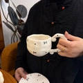 French retro cream ceramic coffee mug and saucer with hand-painted black bow and dots - Black Bow Tie Single Mug / Single Cup