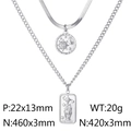 Collar de doble capa de acero plateado con dijes de sol luna y colgante de tarot estrella - Estrella Luna Redonda y Tarot Rectángulo (KN230273-KFC) / Color Acero