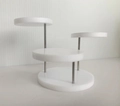 Detailed four-tier white acrylic display stand with silver metal poles for jewelry and rings - 3-Round Display Stand / White