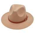 Classic wide-brim felt fedora hat in khaki with a decorative brown leather buckle belt - Kids One Size (54cm) / Camel