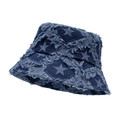 Distressed blue denim bucket hat with frayed star pattern design and wide brim for women - M(56-58cm) / Dark Blue