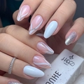 Pink and white almond press-on nails with silver glitter lines and luxury rhinestone ring - Bz1401 White Silver Stripe / Jelly Glue + Nail File