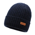 Gorro de invierno azul marino de punto acanalado grueso con parche de logo en cuero - Azul marino