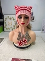 Pink and red striped handmade knit cat ear hat with star charms and tassels - Adult 56-59cm / Pink Red Striped