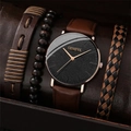 Fashionable men's quartz watch set with brown leather strap and three braided bracelets - Brown Strap Rose Gold Case Orange Needles Set