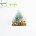 Natural light blue crystal resin pyramid with gold foil flakes for desk decoration - Amazonite