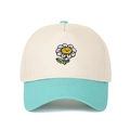 Contrast panel baseball cap with daisy smiley embroidery and curved brim in pastel tones - Beige/Lake Blue