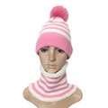 Pink and white striped winter knit hat and scarf set for kids with pink faux fur pompom - Hot Pink
