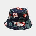Navy blue bucket hat with red hibiscus floral print for summer beach outdoor activities - M (56-58cm) / Dark Blue Red White Floral